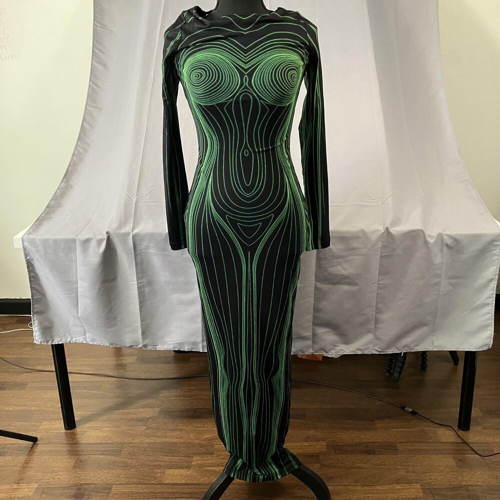 THE KRIPT Dress Womens XS Black Green‎ Optical Illusion Bodycon Long Sleeve Gown